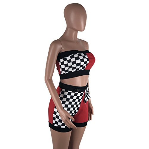 image for Remelon Women Sexy Plaid Print Tube Crop Top Belt Shorts Set 2 Piece O