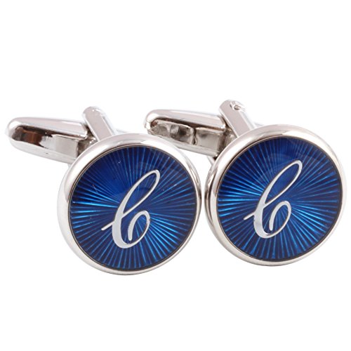 HJ Men's 2PCS Rhodium Plated Cufflinks Silver Initial Letter Shirt Wedding Business 1 Pair Set Blue C