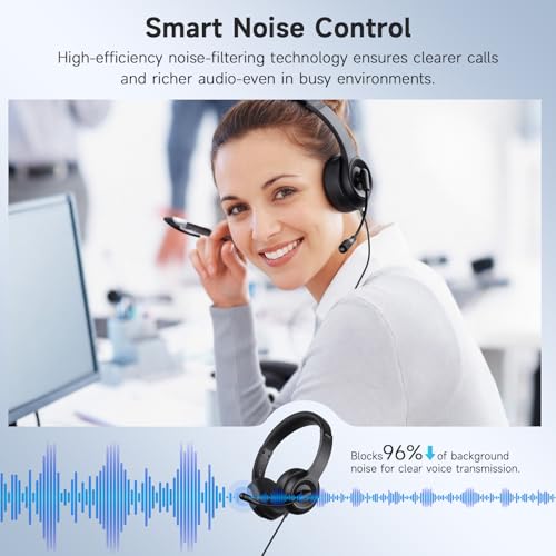AOC USB Headset with Microphone, On-Ear Wired Headphones with Microphone, Noise-Cancelling, 40mm Audio Drivers, Headset for PC Computer Laptop Desktop Home Office Call Centers Teams Zoom (Dark Black)