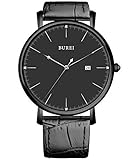 BUREI® Unisex Ultra-thin Elegant Date Quartz Watch with Black Calfskin Leather Band, Black Dial