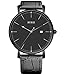 BUREI® Unisex Ultra-thin Elegant Date Quartz Watch with Black Calfskin Leather Band, Black Dial
