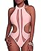 Tempt Me Women One Piece Sexy See Through Mesh Cutout Halter Monokini Pink S