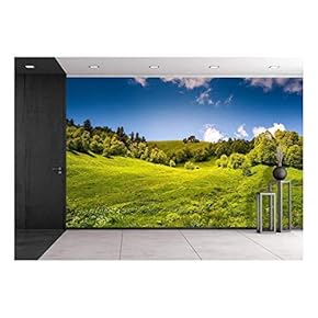 Beautiful View of Rural Alpine Landscape. Sunny Hills Under Cloudy Sky - Removable Wall Mural | Self-Adhesive Large Wallpaper - 66x96 inches