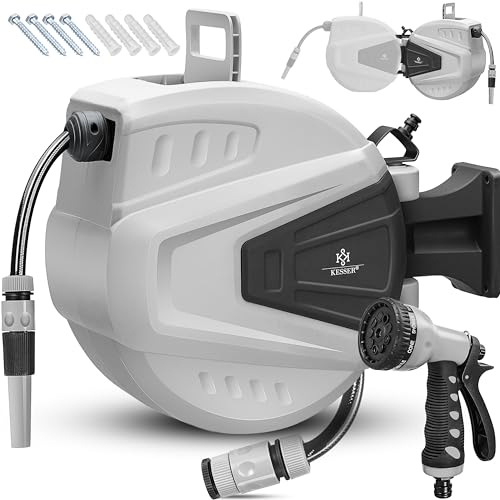 KESSER® automatische Schlauchtrommel 20 m + 2 m, Wand Schlauchbox mit Aufrollautomatik, Schlauchaufroller mit Gartenschlauch, 180° schwenkbar + Multi