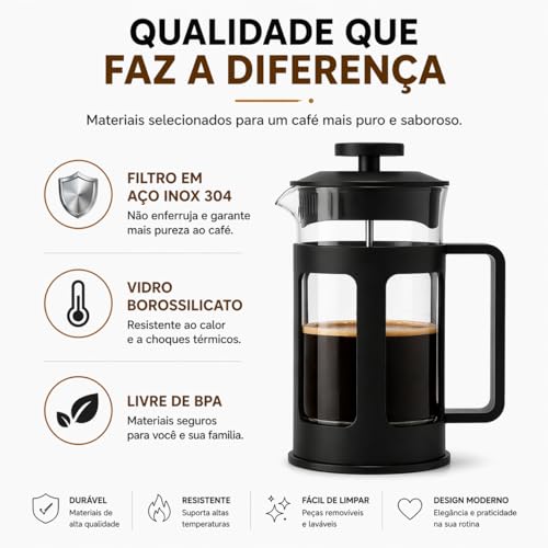 Prensa Francesa 350ml Cafeteira Manual em Aço Inox e Vidro Estilo Classico