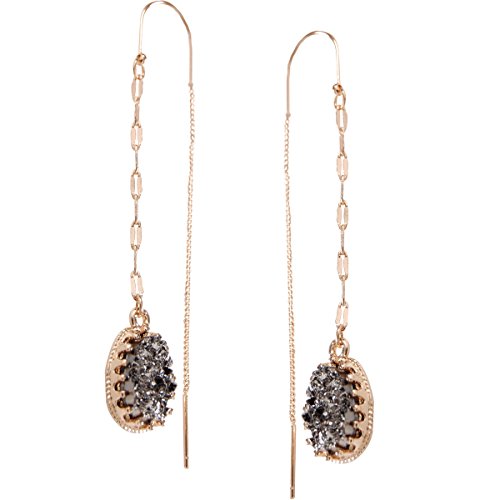 Humble Chic Simulated Druzy Chain Bar Threaders - Gold-Tone Long Sparkly Needle Drop Earrings for Women, Simulated Hematite, Grey, Metallic, Silver-Tone, Gold-Tone