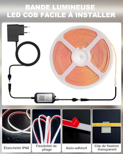IP68 Waterproof Cob LED Strip, 2700K Warm White LED Strip, Power Supply 24V Led Cob Application and Remote Control for Front Roof, Garden, Terrace, Kitchen, Bathroom (7M-6500K)