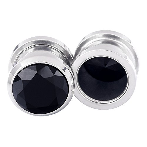 Longbeauty Pair Stainless Steel Black Cubic Zirconia Screw Stretcher Plugs 1/2"