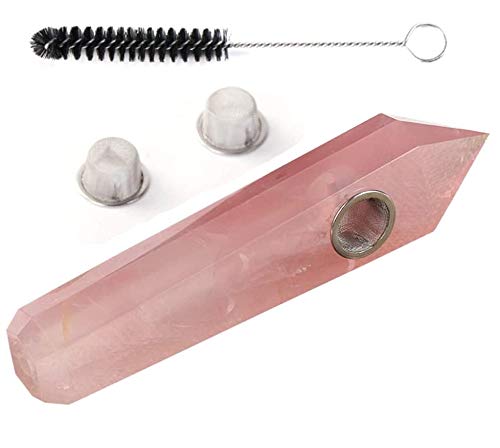 Quality Rose Quartz Crystal Smoking Pipe - 2 Fitted Gauze Screens and Pipe Cleaner