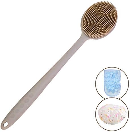Body Scrub Brush with Long Handle,Silicone Bath Brush Set(Long Body Brush,Soft Exfoliating Glove,Shower Cap) Cleaning Massage Back Scrubber for Shower All Aspects of Skin Care (Coffee)