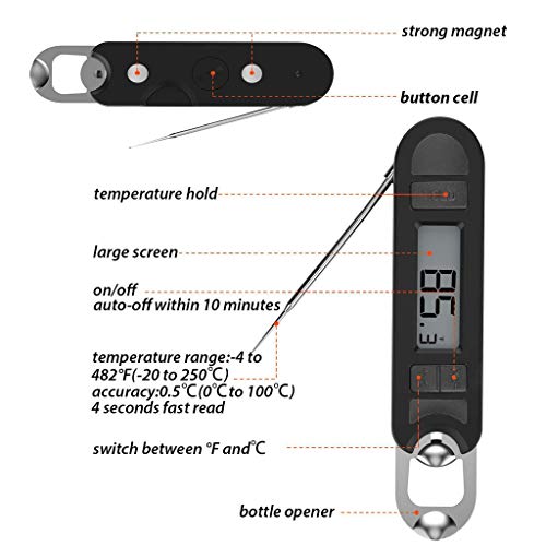 JDgoods Digital Instant Read Meat Thermometer with Super Long Folding Probe Calibration Function for Kitchen Cooking Food Candy, BBQ Grill, Smokers, Milk, Yogurt, Jam