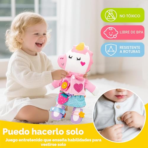 hahaland Montessori Plush Doll, 2 in 1 Dino & Unicorns Plush for Girls 1 2 3 Years Old Interactive Dress Up Toys Gift Boys Girls 2 3 4 Years Old
