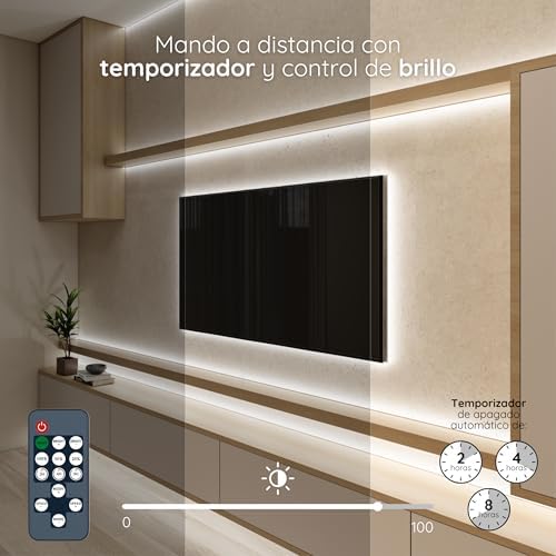 Tira LED COB Interior Blanco Frío 5m, Luces LED Cocina Blanca Decoración Habitación, LED Strip Light 24V, Regulable, Adhesiva, 480LED/m, 6500K. Incluye Mando a Distancia y Adaptador.