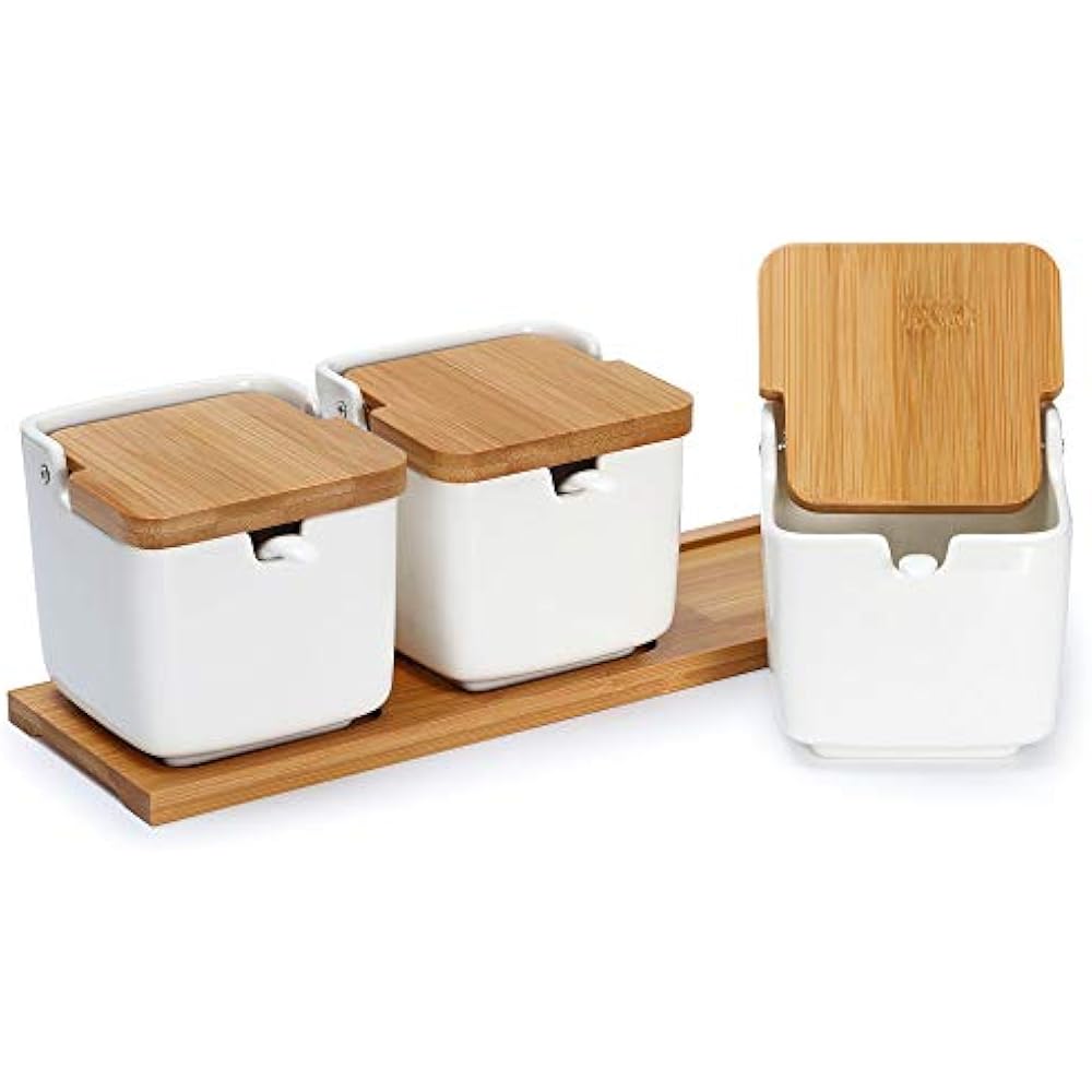 3Pack Porcelain Sugar Bowl Flip Top Lid Condiment JarCeramic Spice