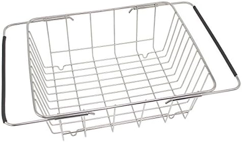 12" Adjustable Draining Basket Over Sink Stainless Steel Black Plastic Arms Holder Handle Strainer Utensil for Drying Vegetables and Fruit (Small12x10x4.6 inch)