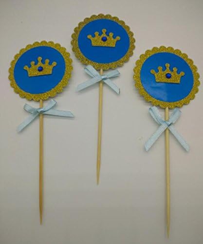 20 Pack Blue and Gold Glitter Crown Cupcake Toppers with Crystal for Prince Kids Boys Babies Birthday Party Baby Shower Brial Shower Wedding Decorations
