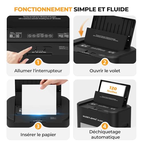 120 Sheets Self-Powered Paper Shredders P4, 60 Min Non-Stop, Manual 8 Sheets, Anti-Plug, 20L Bin, Professional Commercial Home Use Home Office Medical Home School