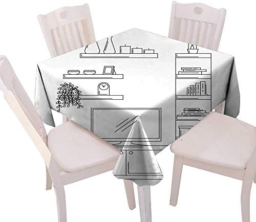 longbuyer Tassel Tablecloth Linear Sketch of The Interior Bookcase Dresser with TV and Shelves Vector Illustration Square Tablecloth W 50" x L 50"