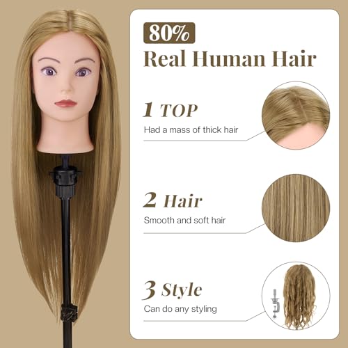 Neverland 28 Inch Professional Hairdressing Head, 80% Human Hair, Cosmetology Mannequin Doll for Salon with Stand + Hairdressing Tools Accessories Set (Blonde)