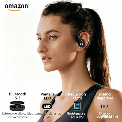 Fones de ouvido sem fio, Bluetooth 5.3, estéreo de alta fidelidade, tela LED, chamadas nítidas com microfone, cancelamento de ruído, controle por toque, IP7 à prova d'água, esportivo (preto)