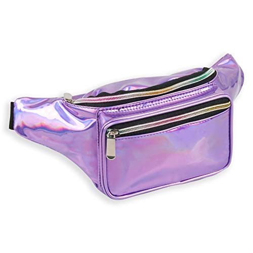 Holographic Fanny Pack for Women - Waist Fanny Pack with Adjustable Belt for Rave, Festival, Travel, Party (Purple)