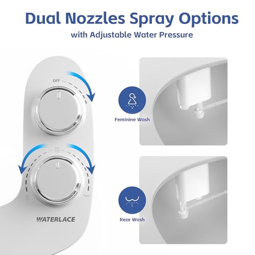 WATERLACE Bidet Attachment for Toilet Seat Water Pressure - Non Electric Bidets Self Cleaning Sprayer - Dual Nozzle Bidet Attachments Toilets Spray - Adjustable Bidets Wash Butt Cleaner for Bathroom
