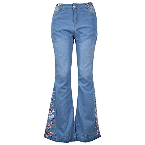 Damen Jeans mit ausgestellter Passform, Lange Jeanshose mit floraler Stickerei, Glöckchenunterteil Gr. 44, hellblau