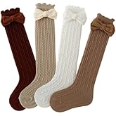Cable Knit Knee High Socks with Bow, Brown White Beige Tones, Cotton Blend, 4 Pairs Pack, Toddlers Girls Kids