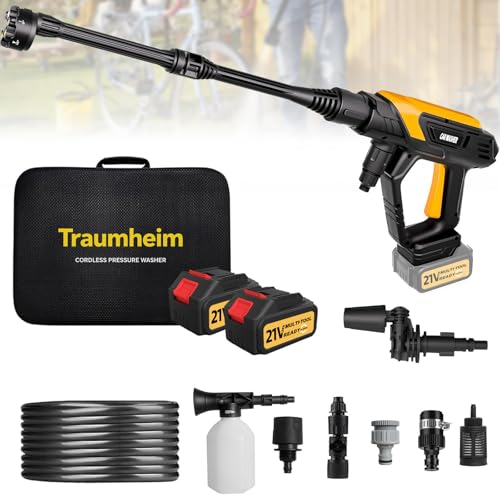 Traumheim High Pressure Washer 21 V/68 Bar/990PSI – 2 x 4000 mAh Battery – Complete Set 17 Pieces – Multi-Purpose Portable Cleaner for Car, Terrace, Garden