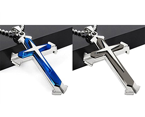 Pack of 2pcs Black and Blue Cross Pendant Necklace Chain (Blue, Black)