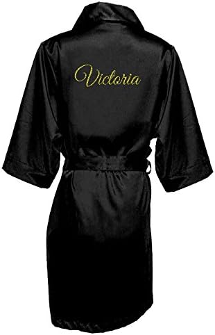 Women's Personalized Glitter Print Satin Robe Name or Phrase - Bride & Bridesmaid Kimono Robe