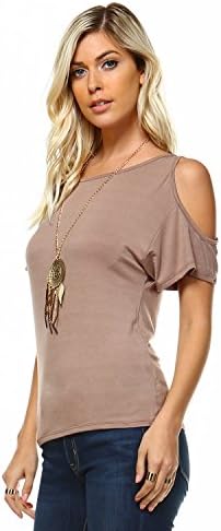 Women's Cold Shoulder Open Shoulder Cutout Short Sleeve Top (Large, Light Mocha)