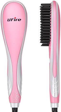 UFire Heating Hair Straightener Brush with Temperature Lock Function for Entangling and Silky Hair, Pink/Silver
