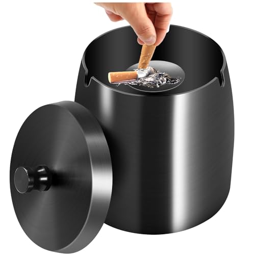 Outdoor Ashtray with Lid, Stainless Steel Ashtray for Outdoors (Black)