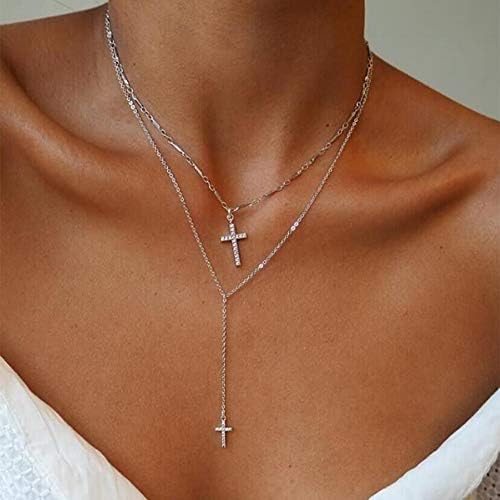 Layered Choker Necklace Cross Necklace Crystal Necklace Rhinestone Cross Charm Pendant Necklace Bohemia Jewelry for Women and Girls(Silver)