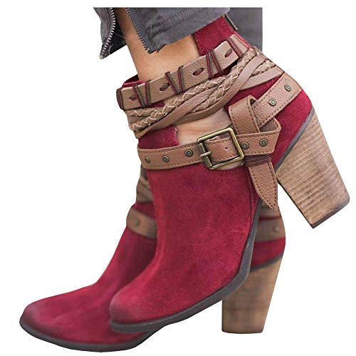 Women’s Ankle Buckle Booties V Cut Stacked Heel Back Zipper Bohemia Weave Vintage Boots