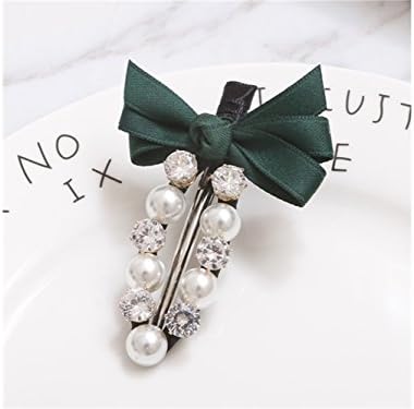 Elegant Bow Rhinestone Pearl Hair Clip bangs Hairpin Side Clip Hairpin(Dark Green) Bridal Jewelry