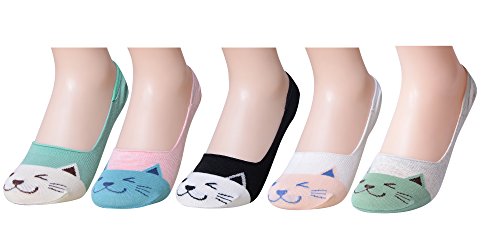 QBSM Womens Cute Cat Animal No Show Liner Socks Cotton Low Cut Socks Non Slip (5 pack cat)