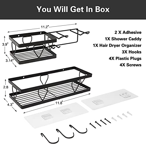 Shower Caddy Shelf Organizer & Bathroom Hair Dryer Hanging Organizer with Hooks, No Drilling Traceless Adhesive Wall Mounted Shower Shelves, Rustproof Stainless Steel Storage Organizer, 2Pack/ Black