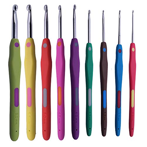 Meikeer Crochet Hooks Set Smooth Aluminum Blunt Needles + Soft Handles Ergonomic Handle Crochet Hooks Needles for Arthritic Hands Best Gift (9 PCS)