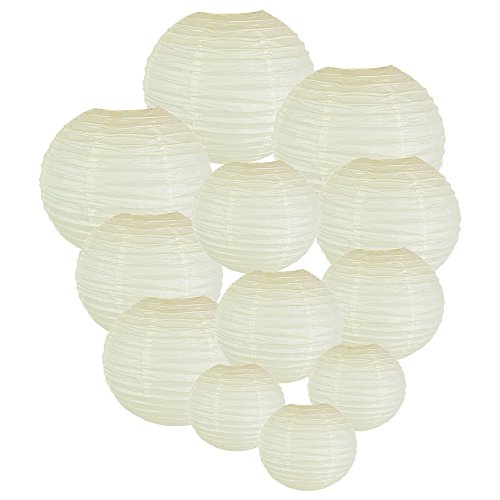 Just Artifacts Decorative Round Chinese Paper Lanterns 12pcs Assorted Sizes (Color: Ivory)