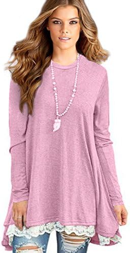 Sunfung Women's Lace Long Sleeve Tunic Tops Shirt Clothing Scoop Neck Womens Plus Size Tunic Blouses Tops (Large/US 12-14, Pink)