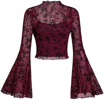 SOLY HUX Women's Goth Y2k Lace Trim Cold Shoulder Bell Long Sleeve
