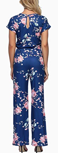 RichCoco Women's Floral Printed Jumpsuit Casual O Neck Loose Long Wide Legs Pants Jumpsuit Rompers with Pockets (Blue, M)