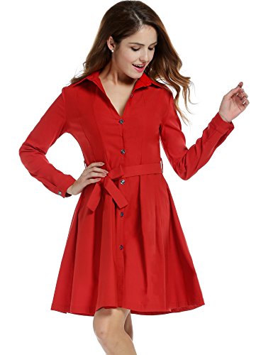 Turn Down Collar Long Sleeve Pleated Swing Shirts Dress เดรส แฟชั่นชุดทำงาน With Belt ANGVNS ผู้หญิง