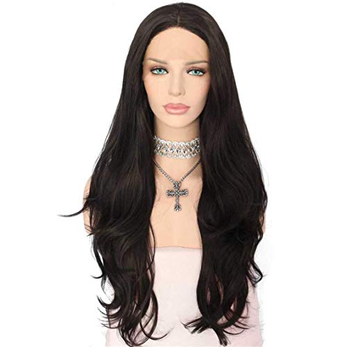 24" Quality Luxury Natural Black 1b WAVES Hand-Tied Heat Resistant Synthetic Lace Front Wig for Daily Wear Women with Adjustable Straps, Clips, Medium Brown Swiss Lace in Medium Cap and Baby Hair