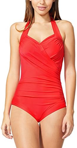 Betticoo Women's One Piece Swimsuits Retro Halter Ruched Bathing Suits Tummy Control