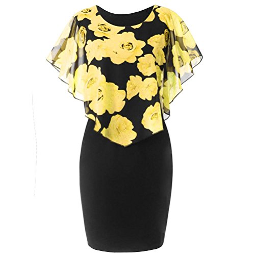 Qisc Plus Size Party Dress, Women Sexy Elegant Ruffle Sleeveless Bodycon Wrap Ruffles Bodycon Midi Dress (XL, Yellow)