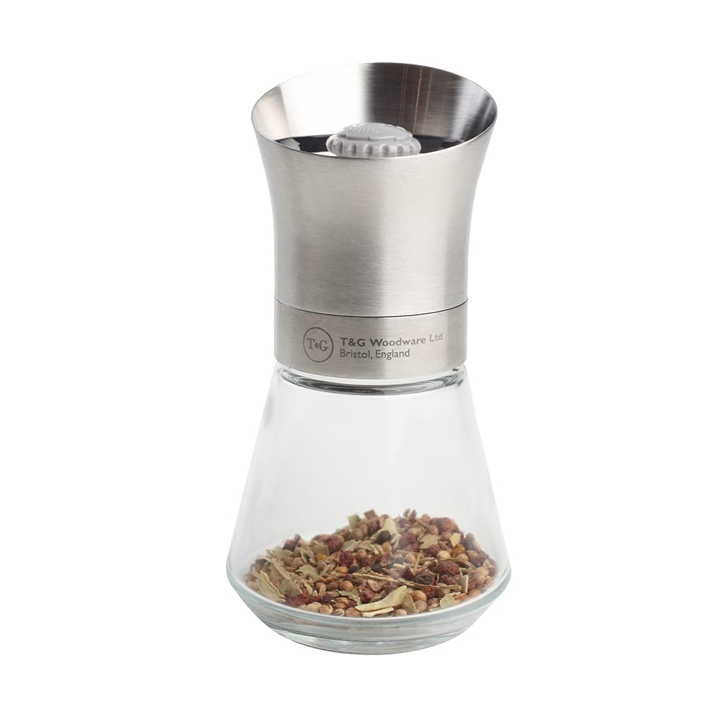 T&G CrushGrind Spice Mill with Stainless Steel Top & Glass Base, 12.5 cm, Whole Dried Herbs Spices Seeds Chilli Flakes/Fully Adjustable Ceramic Manual Grinder
