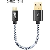 iKits Short Micro USB Cable, 0.5ft Nylon Braided High Speed Durable Sync and Charge Cord for Android, Samsung, HTC, LG, Google &amp; etc., Metal Plug &amp; Mixed Color Cotton Jacket, USB 2.0 A Male to Micro B